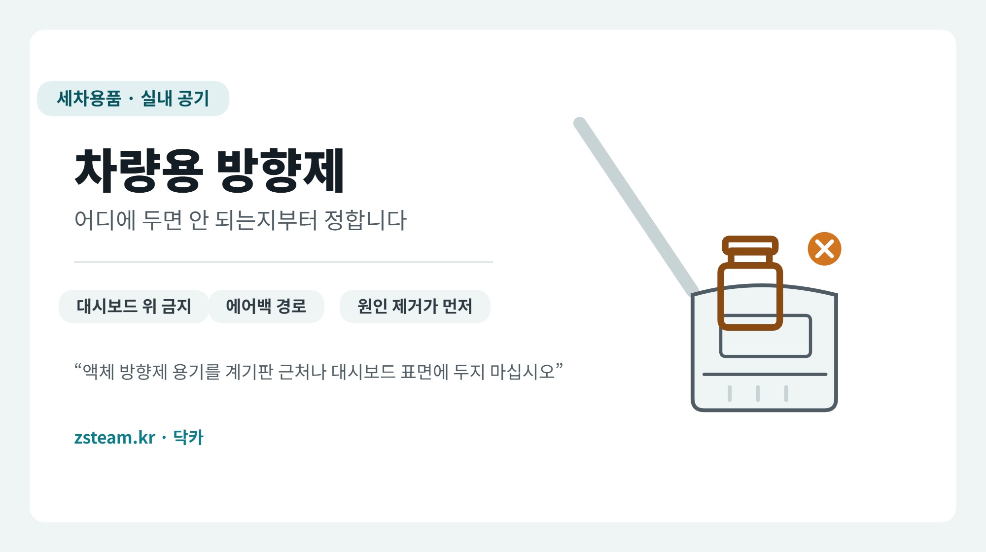 차량용 방향제 대표 이미지, 대시보드 위에 올려 둔 방향제 용기와 금지 표시