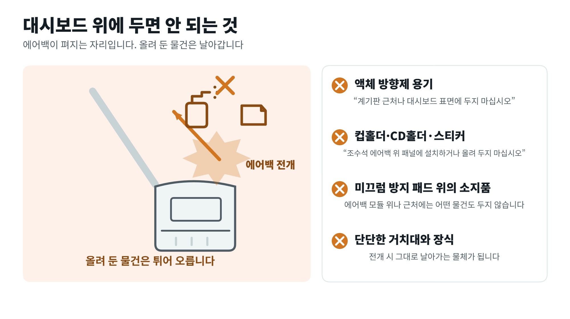 대시보드 청소 방법, 세제 고르는 기준과 위에 두면 안 되는 것 4 대시보드 위에 두면 안 되는 물건을 보여주는 일러스트, 에어백이 펴질 때 방향제 용기와 스티커가 날아가는 모습