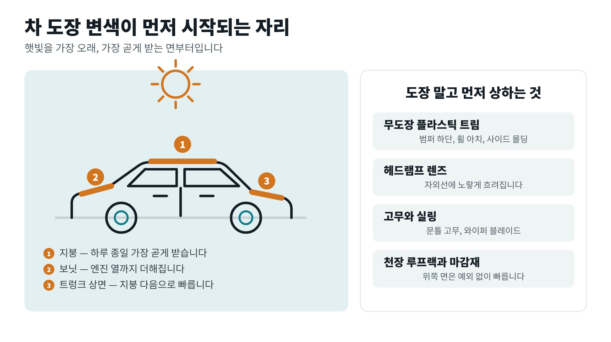 차 도장 변색 원인과 예방법, 색이 먼저 바래는 자리 2 차 도장 변색이 먼저 시작되는 자리를 차량 측면으로 보여주는 일러스트, 지붕과 보닛과 트렁크 상면