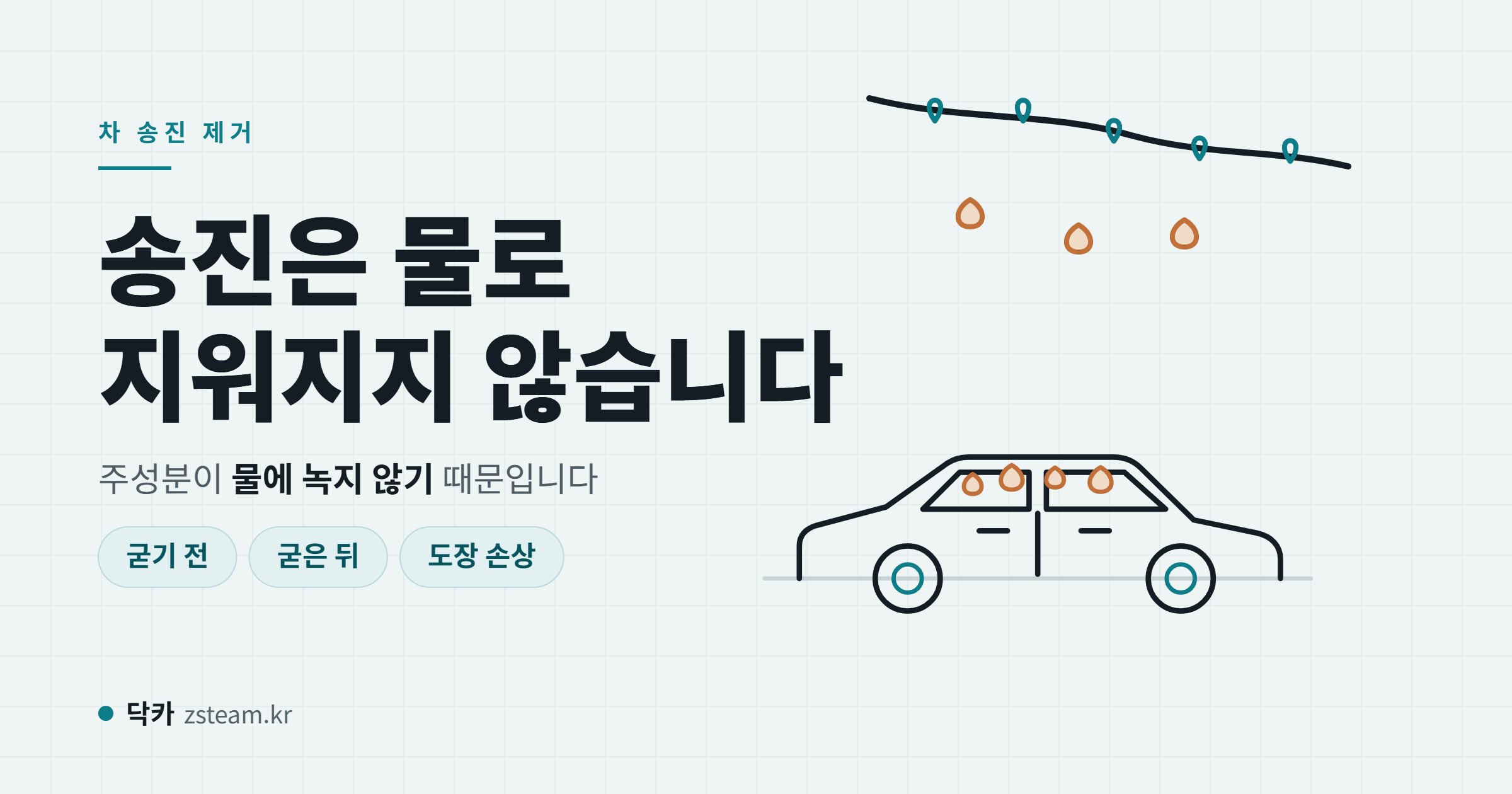차 송진 제거 설명 그림, 나뭇가지 아래 세워 둔 차와 보닛에 굳은 송진 방울 일러스트