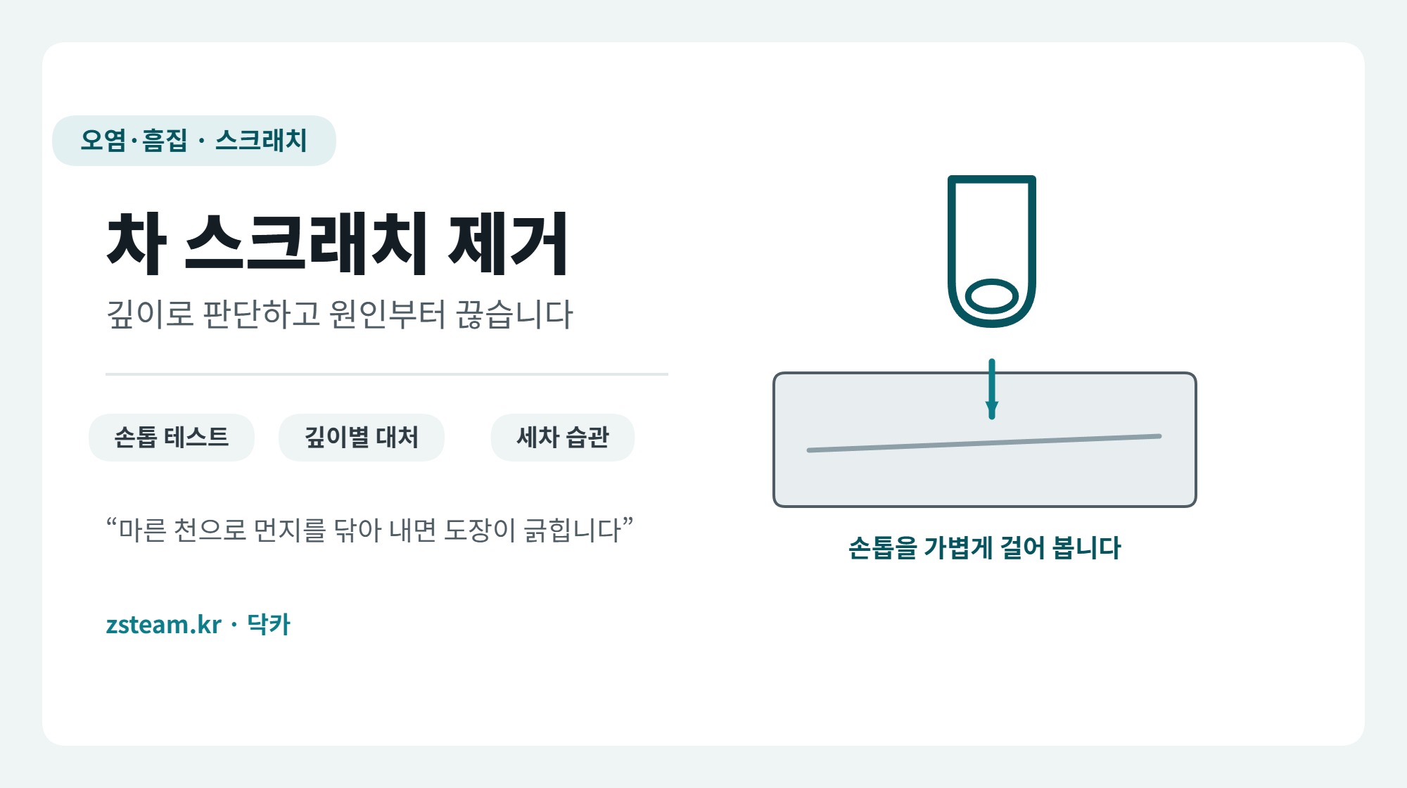 차 스크래치 제거 대표 이미지, 손톱으로 긁힘의 깊이를 확인하는 그림