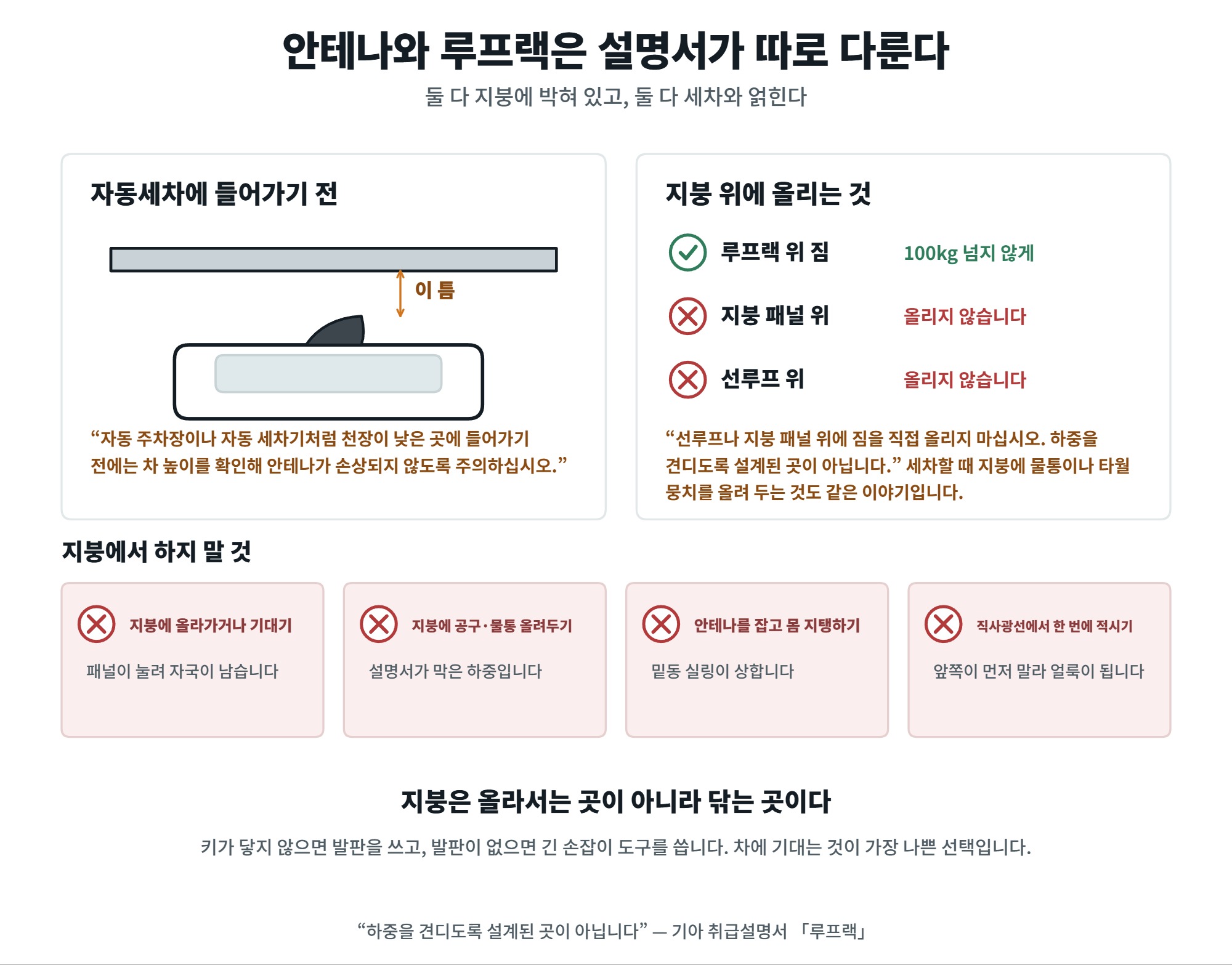 차 지붕 세차, 손이 안 닿는 면을 안전하게 닦는 순서 5 차 지붕 세차에서 안테나와 루프랙 주의점