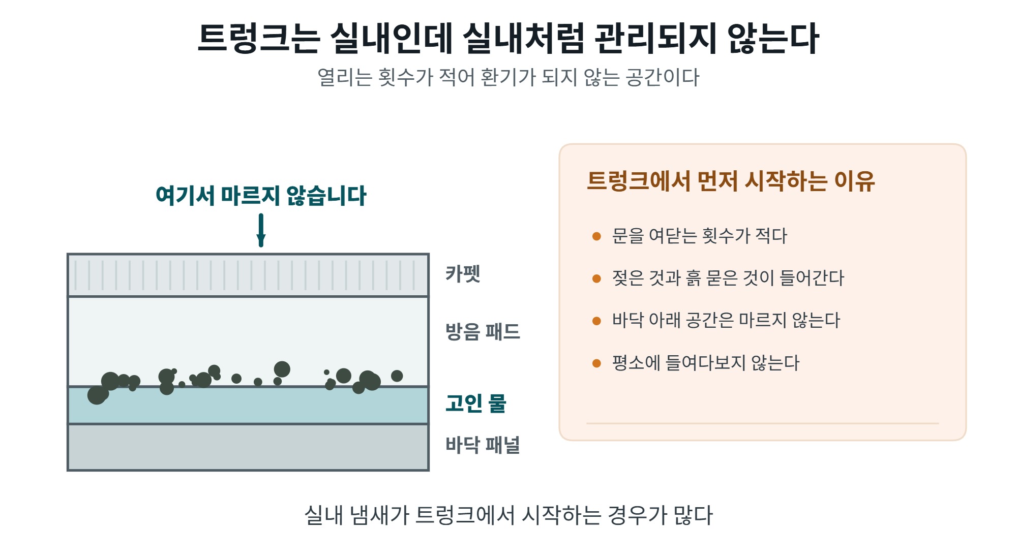 트렁크 청소, 냄새와 곰팡이가 먼저 생기는 이유 2 트렁크 청소가 필요한 이유를 보여주는 바닥 단면도