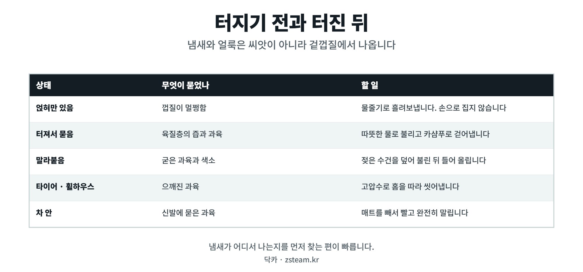 차에 떨어진 은행 열매 자국과 냄새, 터지기 전과 터진 뒤 처리 순서 1 차에 떨어진 은행 열매의 상태별 처리 방법 비교표, 얹혀만 있을 때부터 차 안에 들어왔을 때까지