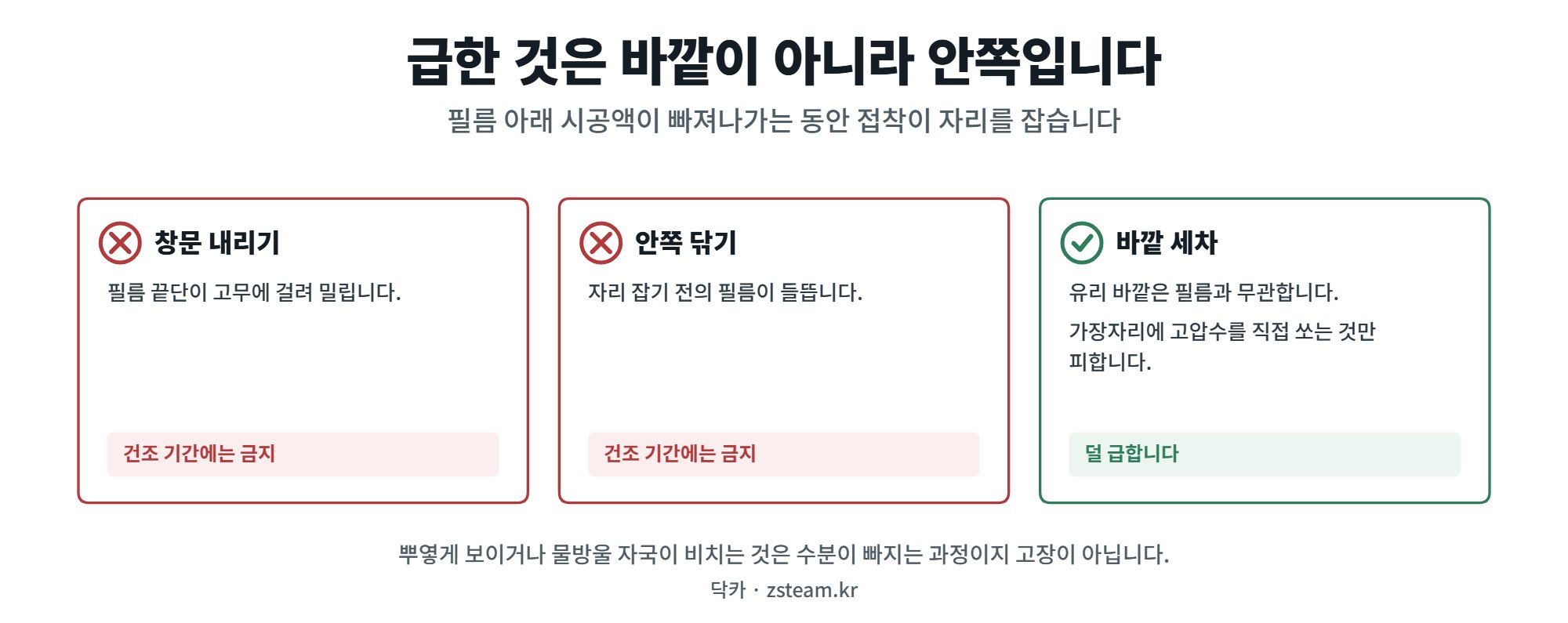 썬팅 후 세차 — 급한 것은 바깥이 아니라 안쪽입니다 1 썬팅 직후 피할 것과 괜찮은 것